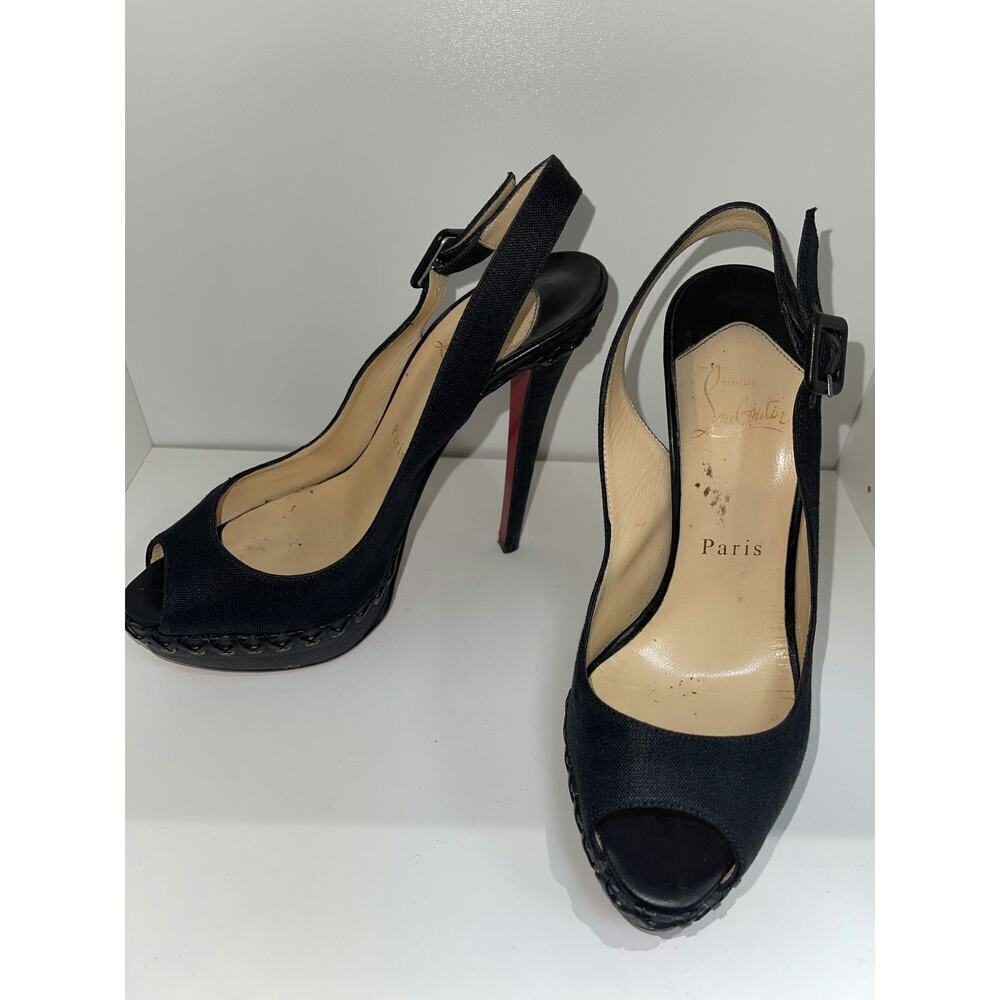 Christian Louboutin Black Canvas Peep-Toe Slingback Heels